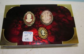 Three Vintage Cameo Pins and Jewelry Box