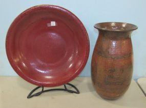 Large Red Pottery Charger and Modern Copper Umbrella Vase