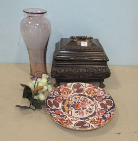 Blenko Pink Toned Vase, Repro Imari Plate, Wood Ornate Box