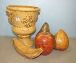 Fleur De Lis Pottery Urn, Four Ceramic Hand Painted Fruit