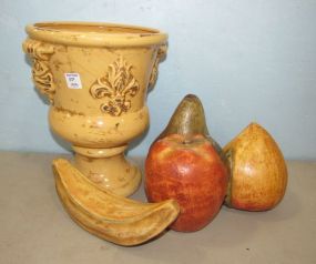 Fleur De Lis Pottery Urn, Four Ceramic Hand Painted Fruit