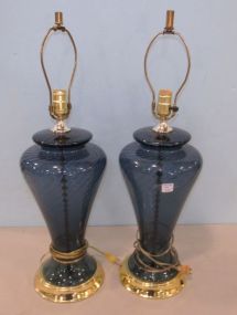 Pair of Swirl Blue Glass Table Lamps