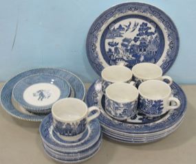 Collection of Blue and White Pottery Dishes and Cups
