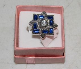 Deco Style Ring with Blue & Clear Stones
