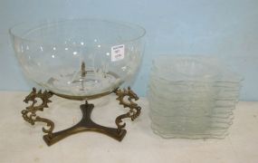 Brass Dragon Base Glass Bowl Centerpiece and Fourteen Etched Glass Plates