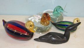 Four Art Glass Ducks and Carved Marble Duck