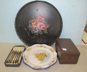 Painted Serving Tray, Primitive Letter Box, Faux Pearl Knives, Hand Painted Spanish Plate