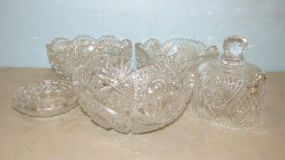 Three Pressed and Cut Glass Bowls, Cake Cover, and Ashtray