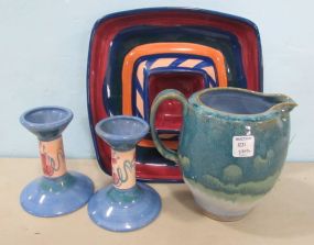 Gail Pittman Serving Dish, Candle Holders, and Glazed Pottery Pitcher by Phil.