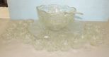 Vintage Pressed Clear Glass Punch Bowl Set