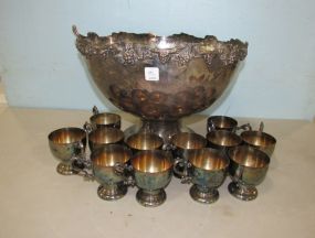 Large Grapevine Decor Punch Bowl and Cups