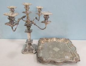Ornate Silver Plate Candelabra and Alvin Footed Silver Plate Serving Tray