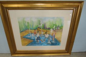 Large Watercolor Of Children Playing in Water