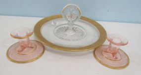 Gold Trim Etched Depression Glass Candle Holders and Serving Dish