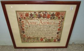 Birth and Baptismal Certificate of Anne Andres Copy