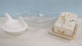 Unusual Pressed Glass Dish, Milk Glass Rooster Dish, and Porcelain Hand Painted Cheese Dish
