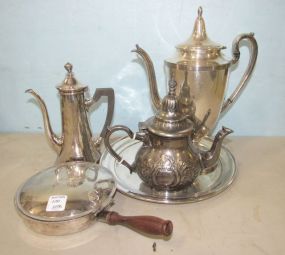 Silver Plate Serving Pitchers, Tray, and Bed Warmer
