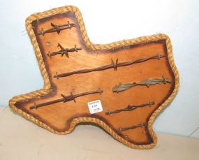 Wood Carved of Texas with Antique Barb Wire Collection