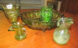 L E Smith Fruit Bowl, Pair of Green Glass Pitchers, and Two Vintage Green Glass Vases