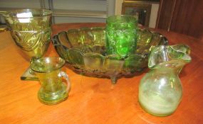 L E Smith Fruit Bowl, Pair of Green Glass Pitchers, and Two Vintage Green Glass Vases