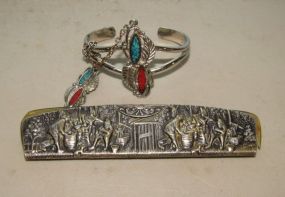 Circa 1900's Fancy Metal Edge Cover Comb and Silver tone Slave Bracelet