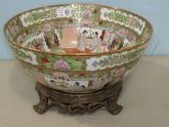 Large Hand Painted Asian Bowl with Metal Ornate Stand