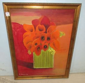 Oil on Canvas Painting of Flowers in Vase