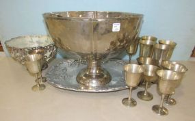 Silver Plate Pedestal Punch Bowl, Cups, Ladle, and Underplate