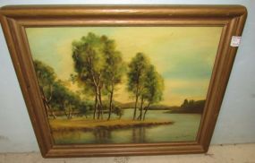 Oil Painting on Board of River and Tree