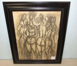 Original Signed Charcoal Nudes Drawing