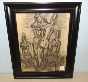 Original Signed Charcoal Nudes Drawing