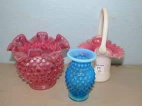 Two Hobnail Vases and Fenton Style Basket