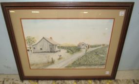 Watercolor of Cotton Field and Cabin