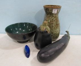 Pottery Cucumber, Pear, Glazed Bowl, and Glazed Pitcher