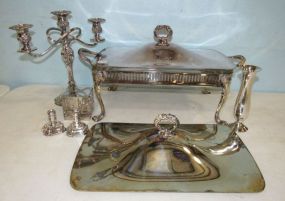 Silver Plate Ornate Casserole Dish, Three Arm Silver Plate Candle Holders