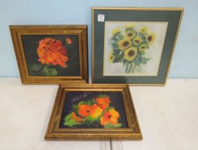 Two Oil Paintings of Flowers and Signed Sunflower Print