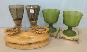 Pair of Green Depression Style Glass Candle Holders, Pair of Brass Beveled Glass Candle Holders, Two Vintage Light Plates