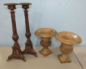 Two Rustic Iron Candle Holders and Two Iron Painted Urns