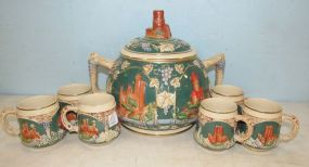 German Hand Painted Punch Bowl and Cups
