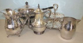 Silver Plate Warmer, Three Pitchers, and Two Tier Serving Dish