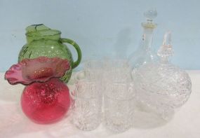 Clear Glass Ice Tea, Green Pitcher, Pink Vase