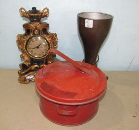 Black & Gold Resin Mantle Clock, Spotlight Lamp, Red Metal Washing Canister