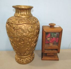 Gold Painted Ceramic Vase and Potpourri Wood Container
