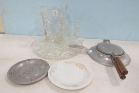 Press Glass Pitcher, Tray, Small Pitcher, Krumkake Iron