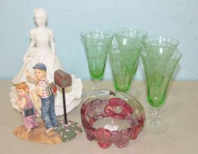 Paris Royal Porcelain Figurine, Art Glass Basket, Momma I'll Be Fine Figurine, Five Etched Glasses