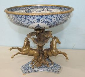 Large Blue and White Center Piece Pedestal Bowl