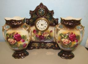 England Hand Painted Clock and Vase Mantel Set