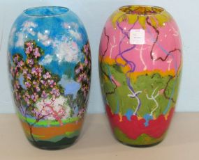 Pair of Hand Painted Schoolar Glass Vases