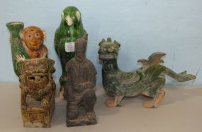 Four Asian Style Pottery Animals and Resin Warrior