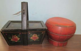 Asian Black Lacquer Box and Red Painted Storage Box